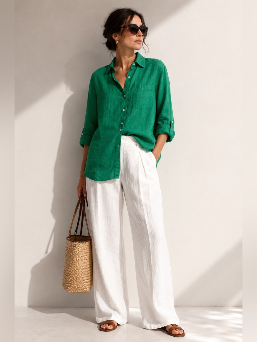 Sigrid Olsen Emerald Green 100% Linen Button-Up Shirt L
